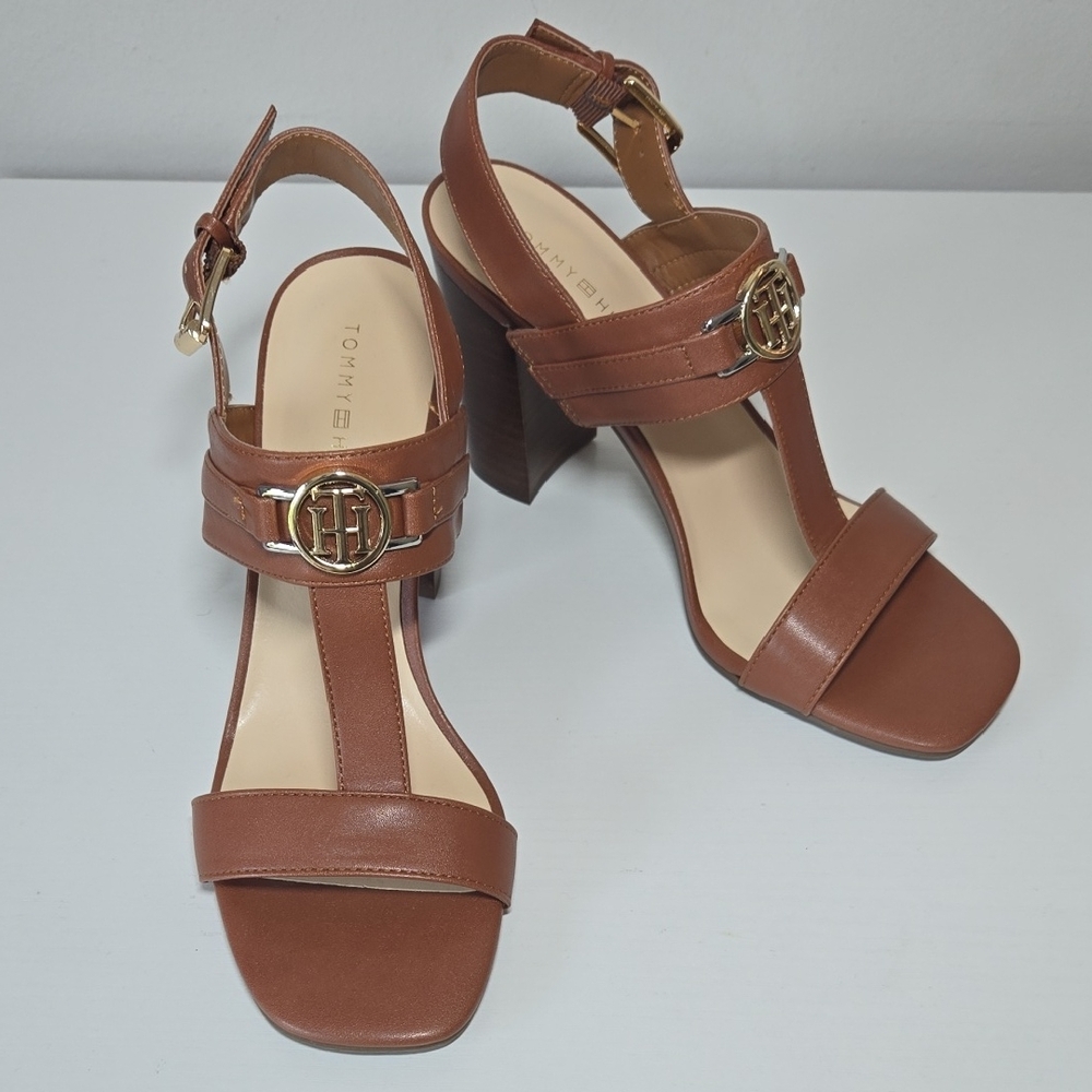 Tommy Hilfiger Brown Heeled Sandals with Chunky Block Heel